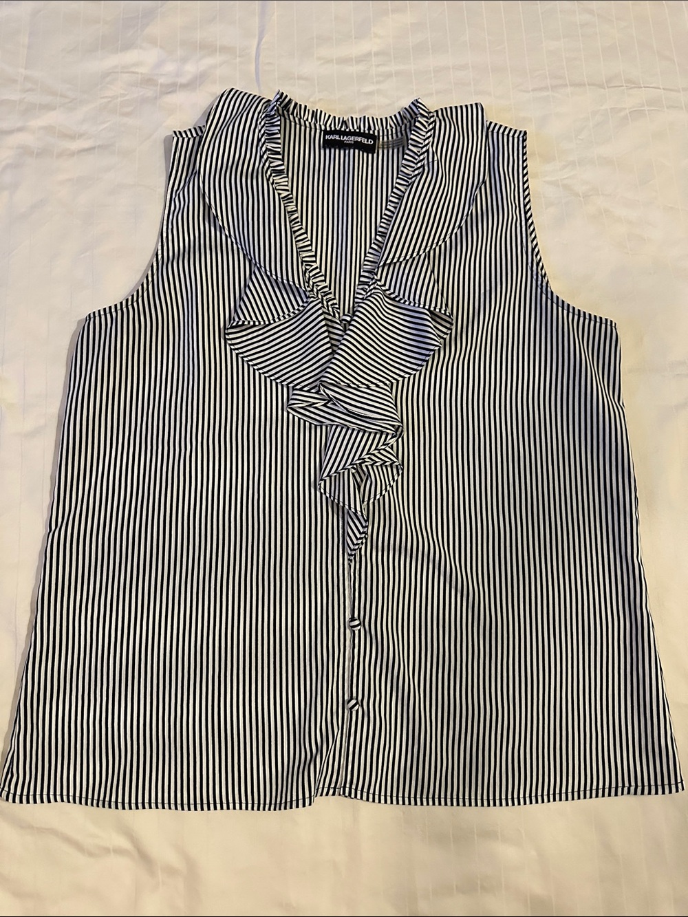 Karl Lagerfeld Navy and White Striped Ruffle-Neck Top